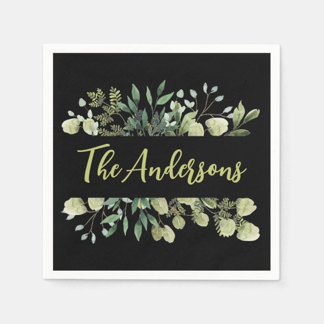 Eleganter Familienname botanische Blätter schwarz Serviette (Vorderseite)