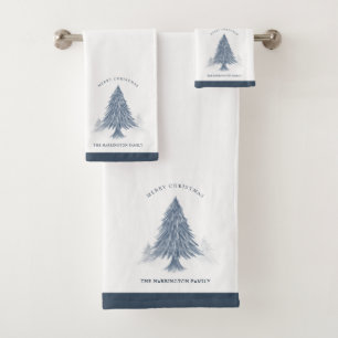 Eleganter Familienname Merry Christmas Tree Blue Badhandtuch Set