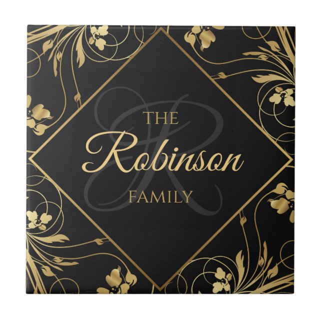 Eleganter Familienname Monogram Black and Gold Flo Fliese (Vorderseite)