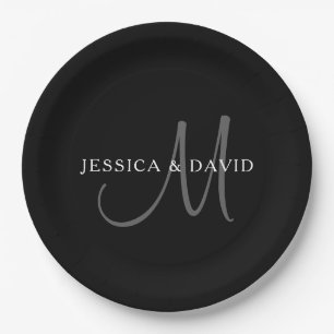 Eleganter Familienname Monogramm   Schwarz, Grau & Pappteller