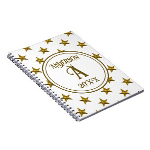 Eleganter Familienname Monogramm Weiß Gold Sterne Notizblock