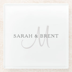 Eleganter Familienname Monogramm Weiß & Grau Glasuntersetzer
