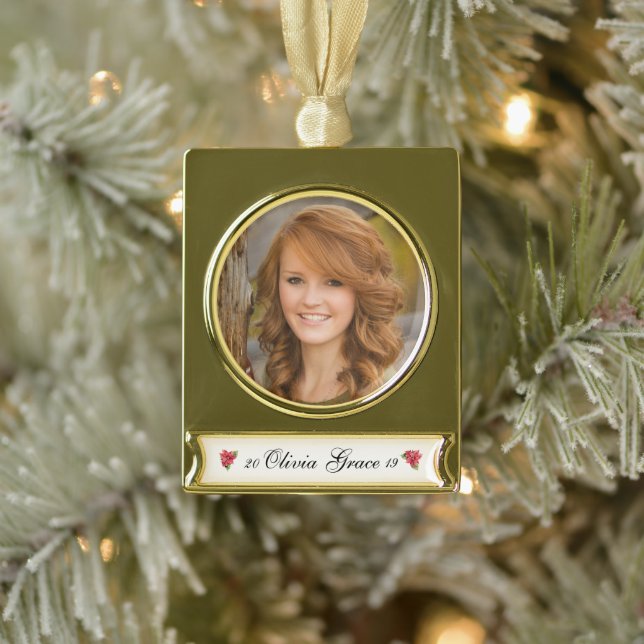 Eleganter Familienname Personalisierter Foto Banner-Ornament Gold (Baum)