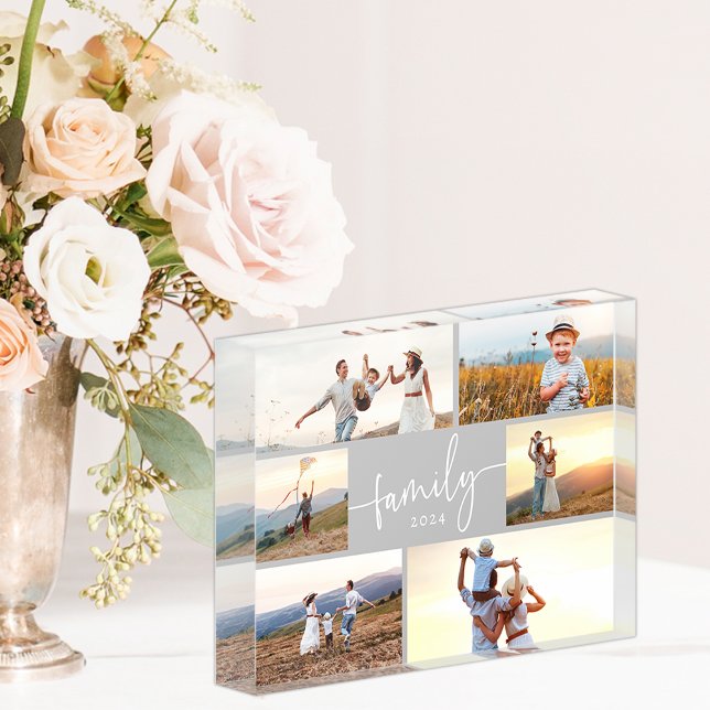 Eleganter Family Foto Block (Gray and White Elegant Calligraphy Script Family Photo Collage Photo Block by Simply Said)
