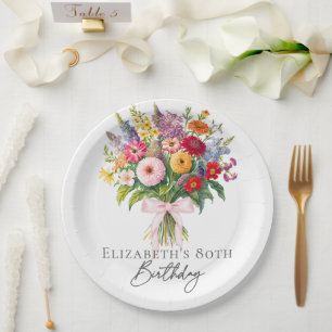 Eleganter farbenfroher Blumenstrauß zum Geburtstag Pappteller