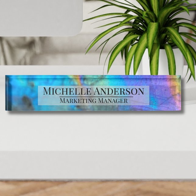 Eleganter farbiger Agate Geode Stone Beruflich Namensplakette (Colorful Modern Labradorite Stone Trendy Desk Name Plate)