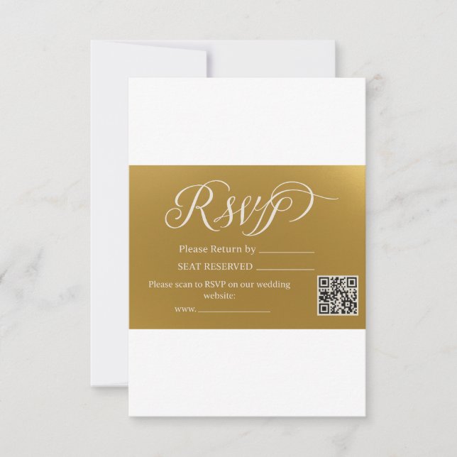 Eleganter Faux-Goldfolien-Script-QR-Code-Hochzeits RSVP Karte (Vorderseite)