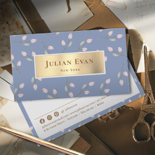 Eleganter Feminine Glitzer Gold Dusty Blue Floral Visitenkarte