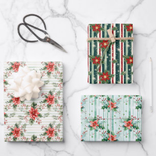 Eleganter festlicher Rot-Grün-Weihnachten gestreif Geschenkpapier Set