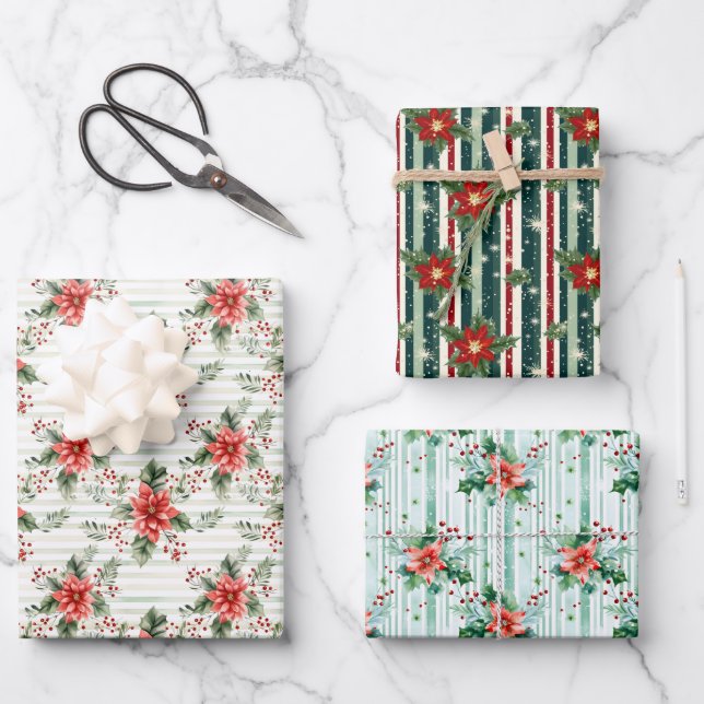 Eleganter festlicher Rot-Grün-Weihnachten gestreif Geschenkpapier Set (Vorderseite)