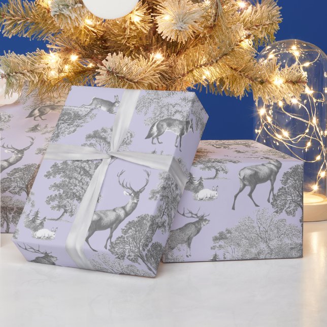 Eleganter festlicher Toile Fox Deer Gray Blue Geschenkpapier (Feiertage)