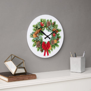 Eleganter festlicher Weihnachtskranz mit roter Sch Große Wanduhr