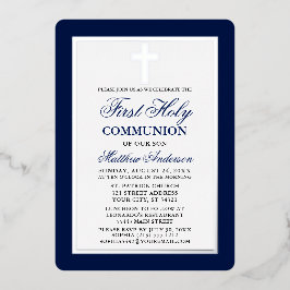 Eleganter First Holy Communion Cross Silver Frame Folieneinladung