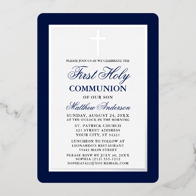 Eleganter First Holy Communion Cross Silver Frame Folieneinladung (Vorderseite)