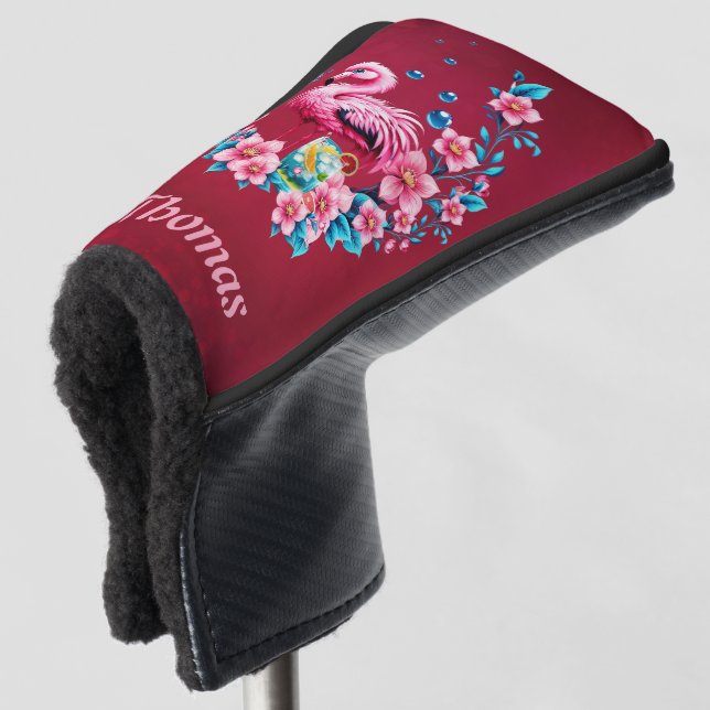Eleganter Flamingo mit tropischen Blume. Golf Headcover (3/4 Vorderseite)