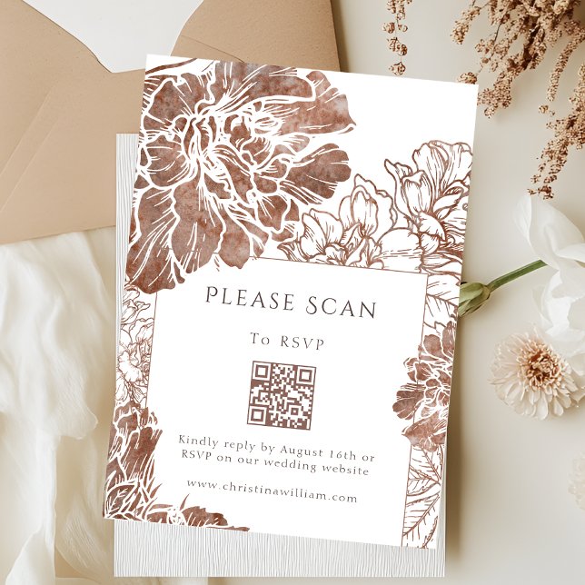 Eleganter Floral Brown Wedding QR-Code RSVP Karte (Von Creator hochgeladen)