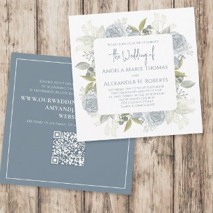 Eleganter floral Dusty Blue Classic Rose QR Code Einladung