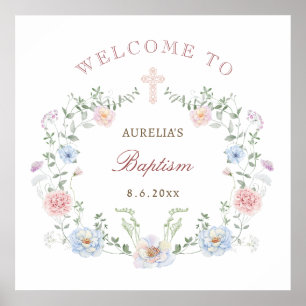 Eleganter Floral Frame Taufe Willkommen Poster