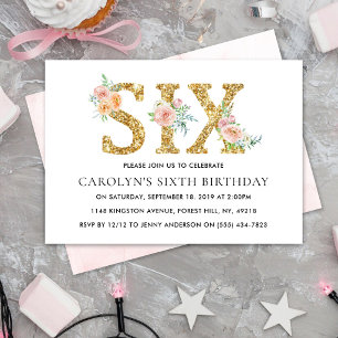 Eleganter Floral Gold Glitzer SIX 6. Geburtstag Einladung