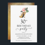 Eleganter Floral Gold High Heels 30. Geburtstag Einladung<br><div class="desc">Moderne Elegant Gold Tropical Floral Gold High Heels 30. Geburtstag Party Einladung mit unserer glamourösen Aquarellgolden High Heel umgeben von rosa und grünen tropischen Blume. Der Hintergrund ist eine luxuriöse Aquarellgoldwäsche. Einfach mit Ihren Informationen für eine einfach elegante Geburtstagsfeier-Einladung anpassen. Bitte kontaktieren Sie uns unter cedarandstring@gmail.com , wenn Sie Hilfe...</div>