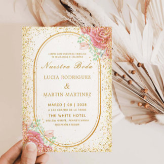 Eleganter Floral Gold Rahmen Glitzer Nuestra Boda Einladung