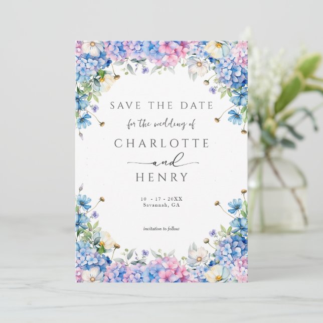 Eleganter floral Hydrangea Moderner Garten Save The Date (Stehend Vorderseite)