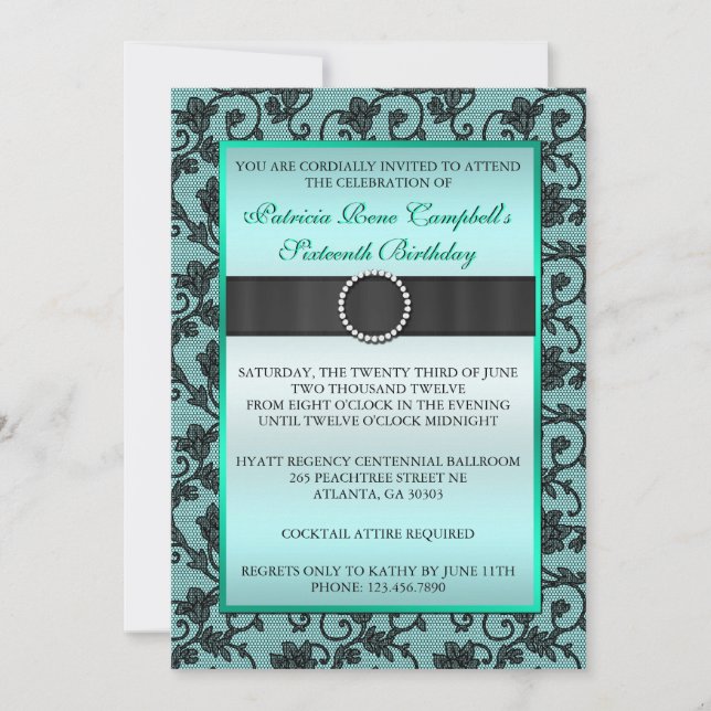 Eleganter Floral Lace Invite [Aquamarin] Einladung (Vorderseite)
