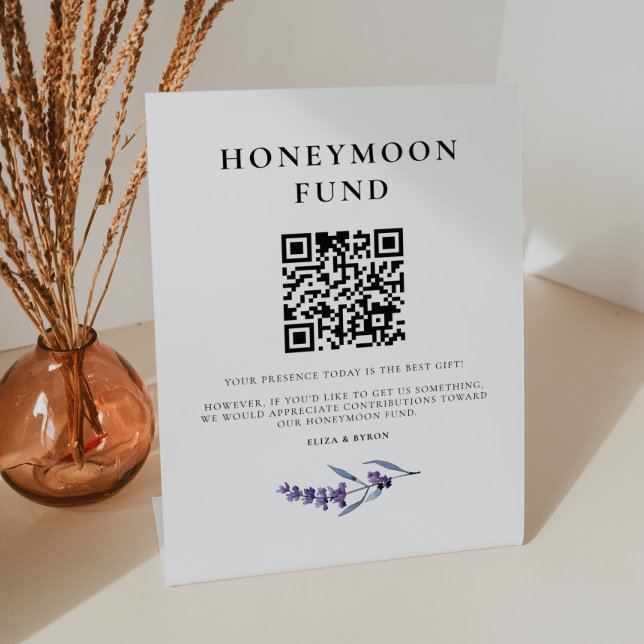 Eleganter Floral Lavender Honeymoon Fund QR-Code Sockelschild (Von Creator hochgeladen)
