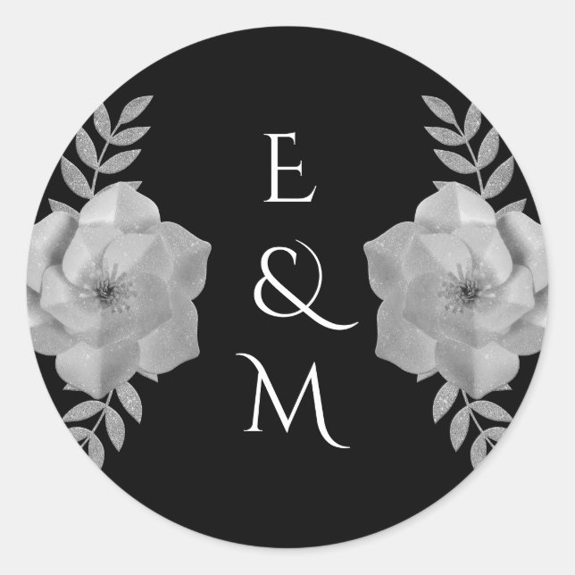 Eleganter Floral Monogram Silver Glitzer Wedding Runder Aufkleber (Vorderseite)