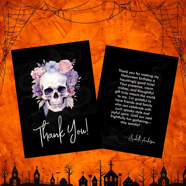 Eleganter Floral & Skull Gothic Halloween Geburtst Dankeskarte (Von Creator hochgeladen)