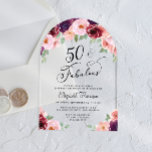 Eleganter Floral Watercolor 50. Geburtstagsparty A Acryleinladungen<br><div class="desc">Elegant klare Acrylbogen-förmige 50. Geburtstagsfeier Einladung,  die "50 & Fabulous" in einem schicken Skript und bordeauxfarbene,  rosa und lila Aquarellbouquets.</div>