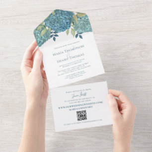 Eleganter floral Wedding Blue Hydrangeas QR Code All In One Einladung