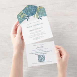 Eleganter floral Wedding Blue Hydrangeas QR Code All In One Einladung