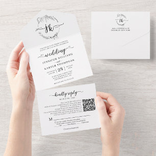 Eleganter Floral White Monogram QR Code Hochzeit All In One Einladung