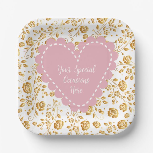 Eleganter, floraler Herzrahmen: für jeden Anlass Pappteller (Vorderseite)