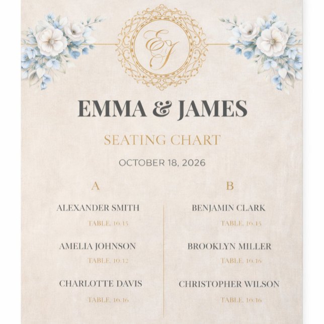 Eleganter floraler Hochzeitssitzplan Wandteppich (Elegant wedding seating chart with floral accents and gold monogram for guest table assignments)