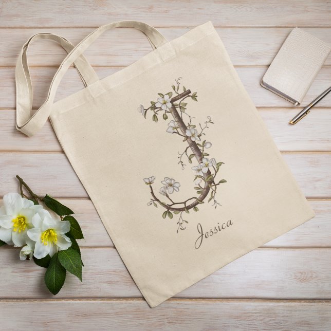 Eleganter floraler "J" Botanischer Monogramm-Indiv Tragetasche (Von Creator hochgeladen)