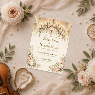Eleganter floraler Kronleuchter-Hochzeit Einladung