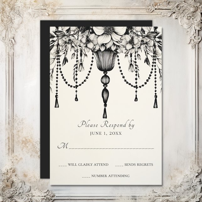 Eleganter, floraler Kronleuchter Schwarz und Weiß  RSVP Karte (Elegant Floral Chandelier Black and White Wedding RSVP Card)