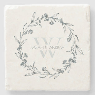 Eleganter floraler Lorbeerkranz-Monogramm-Hochzeit Steinuntersetzer