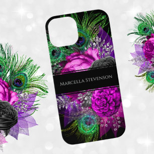 Eleganter floraler Monogram Peacock Feather Glitze iPhone 14 Hülle