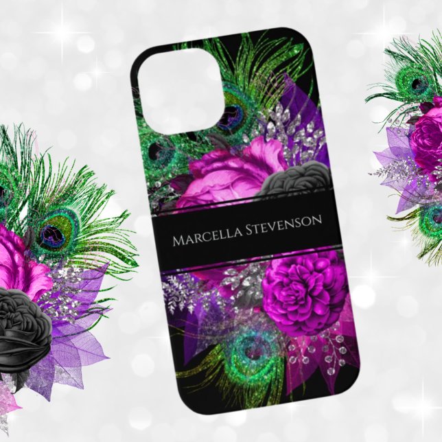 Eleganter floraler Monogram Peacock Feather Glitze iPhone Hülle (Von Creator hochgeladen)