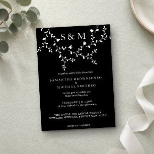 Eleganter floraler Monogramm-Rahmen in Schwarz-wei Einladung