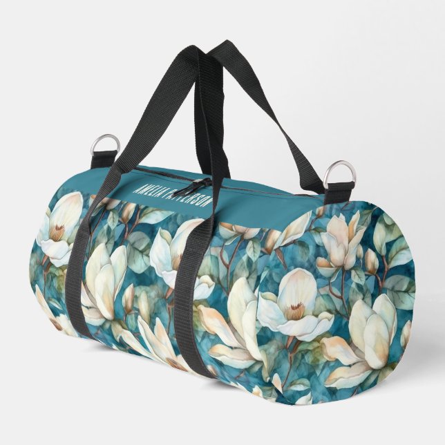 Eleganter, floraler Muster - Personalisierter Name Duffle Bag (Linke Seite)