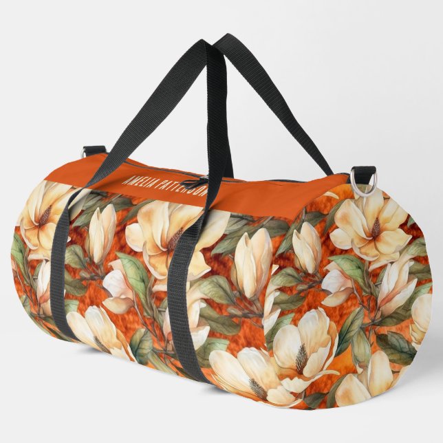 Eleganter, floraler Muster - Personalisierter Name Duffle Bag (Linke Ecke)