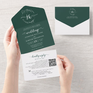 Eleganter floraler Smaragd-Monogramm-QR-Code zur H All In One Einladung