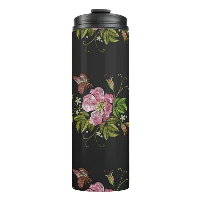 Eleganter floraler Stickereimuster Schwarzer Hinte Thermosbecher (Vorderseite)