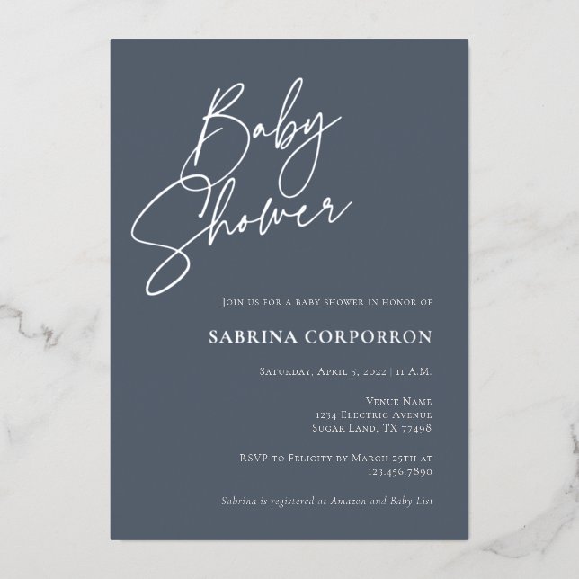 Eleganter Foil Gender Neutral Shower | Dusty Blue Folieneinladung (Vorderseite)