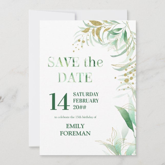 Eleganter Foliage Green Gold Aquarell und Glitzer Save The Date (Vorderseite)