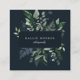Eleganter Forest Foliage Frame Dunkelblau Quadratische Visitenkarte